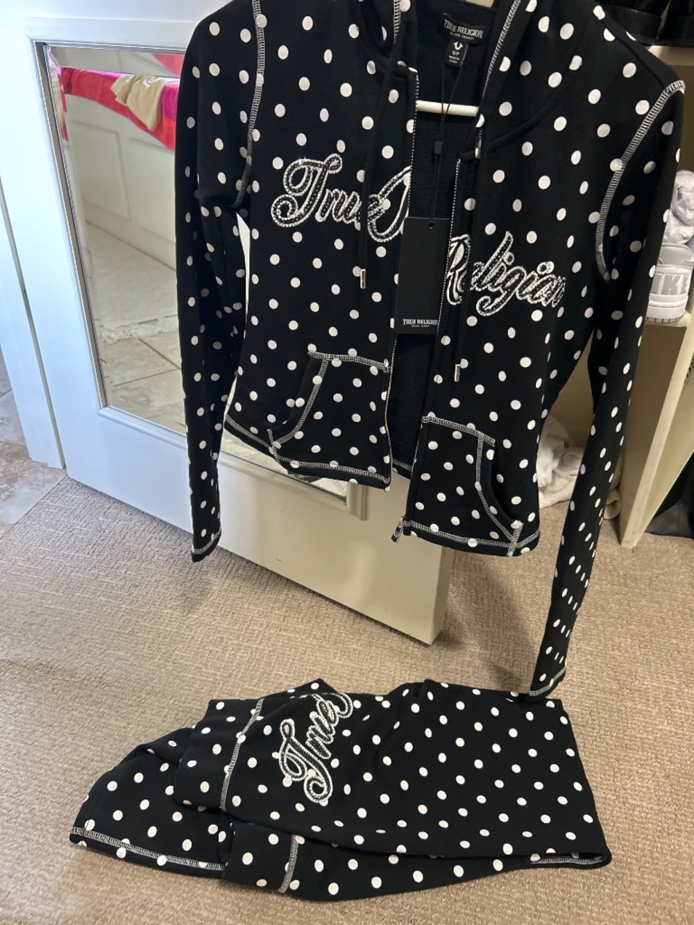 True Religion polka dot fitted zip hoodie set